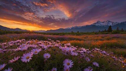 Fototapeta premium Colorful Wildflowers Bloom Under a Vibrant Sunset Sky in a Mountainous Region During Springtime