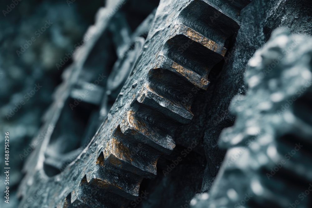 Poster close-up of a weathered, rustic cogwheel, showcasing its intricate design and textured surface with 