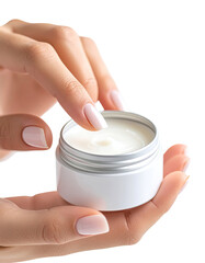 Close up shot of female hands holding an open cream jar with white cream inside on a transparent background. Hands gently touch the cream with pink nails.