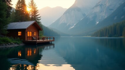 Obraz premium Secluded Lakeside Cabin Surrounded by Mountains During Sunset in a Tranquil Nature Setting
