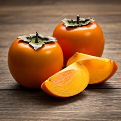 persimmon fruit on wooden background