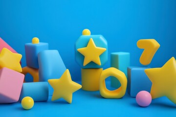 Colorful geometric toy blocks and stars on a blue background.