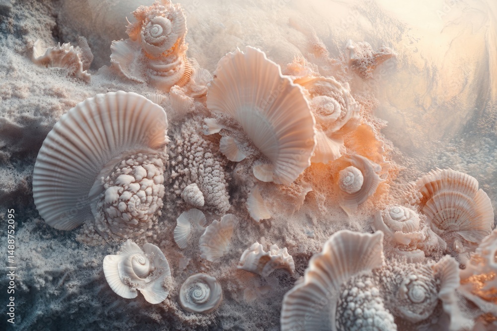 Poster delicate seashell composition with pearly hues, intricately arranged with soft lighting and textured