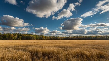 Fototapeta premium Expansive Golden Wheat Field Under a Vibrant Sky Filled With Fluffy Clouds in Late Afternoon Light