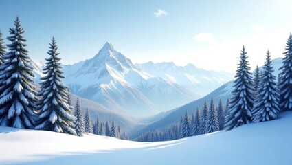 Fototapeta premium Winter Landscape Showing Majestic Snow-Covered Mountains and Evergreen Trees Under a Clear Blue Sky at Dawn
