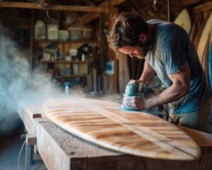 A male artisan meticulously sands a surfboard, the wood grain gleaming under the soft light of his workshop. Dust motes dance in the air, a testament to his dedication.