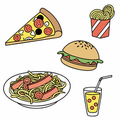Flat design icons: pizza slice, spaghetti, salad, burger, hotdog, lemonade