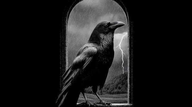 Raven perched in an arched window during a stormy day. - Powered by Adobe