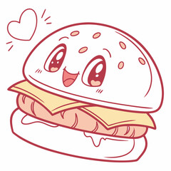 Cute burger icon with kawaii face and rounded lines