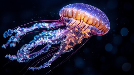 Fototapeta premium A glowing jellyfish floating in deep dark water with fluorescent purple and blue tentacles illuminating the surroundings