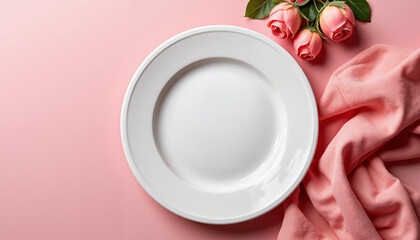 A white plate sits serenely on a pastel pink surface, accompanied by soft pink roses and a delicate cloth, creating a romantic atmosphere