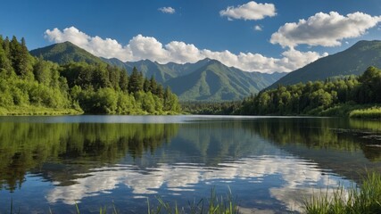 Serene Lake Surrounded by Mountains and Vibrant Greenery on a Sunny Day With Fluffy Clouds