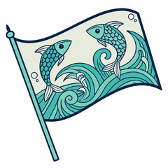 Ocean-inspired flag icon with stylized fish and fluid wave patterns