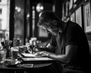 A man sits at a table in a cafe, intensely focused on his work.  He's using a stylus on a tablet, lost in concentration. Monochromatic tones enhance the serious mood.