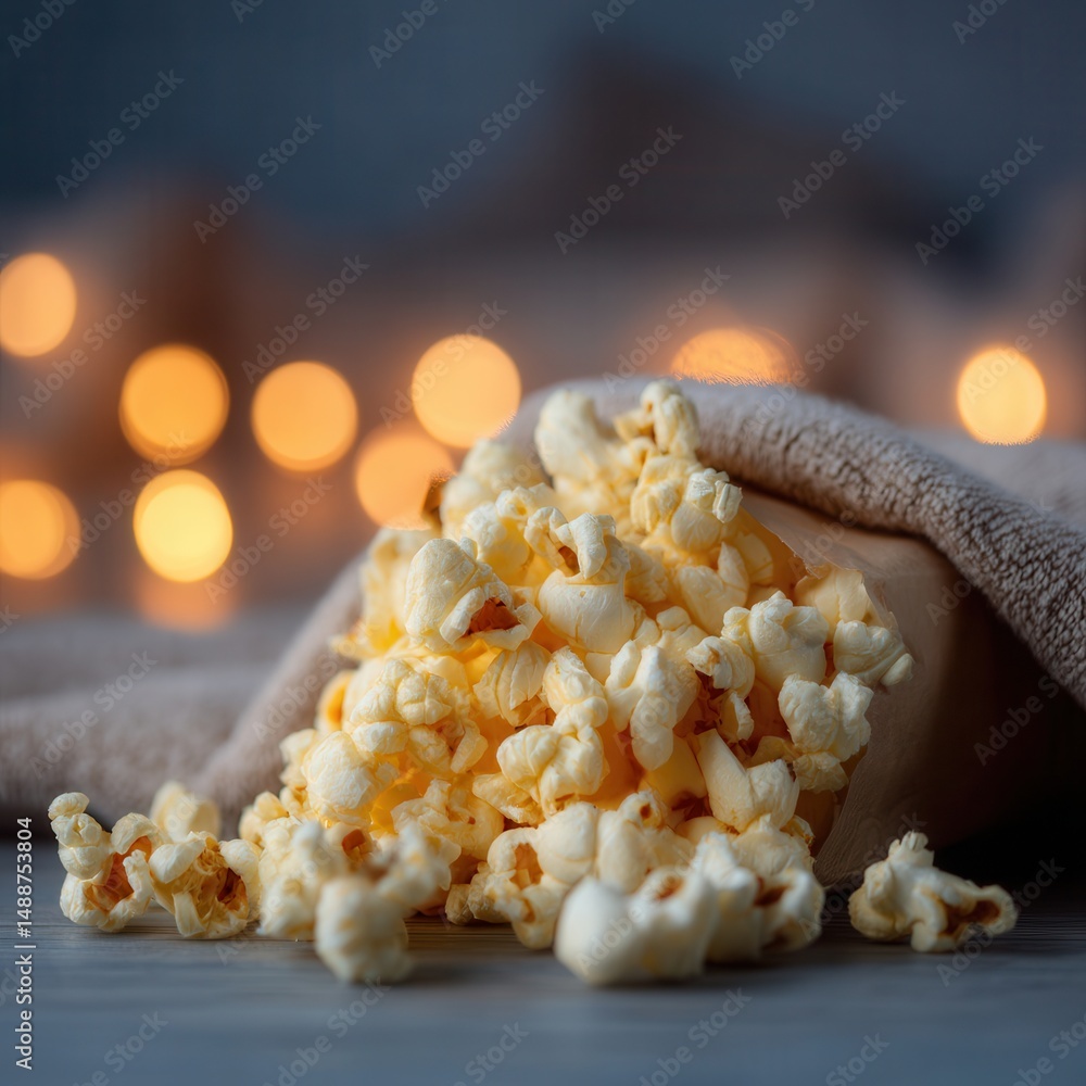 Poster golden popcorn spilling out onto a light grey surface, warm bokeh lights in the background with a so