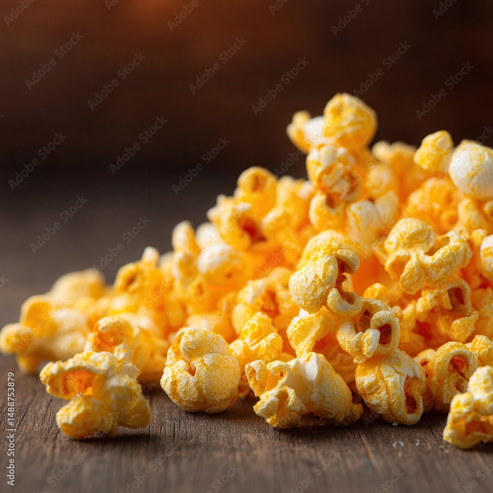 Poster a vibrant, close-up capture of freshly popped corn, showcasing its appealing color and inviting text