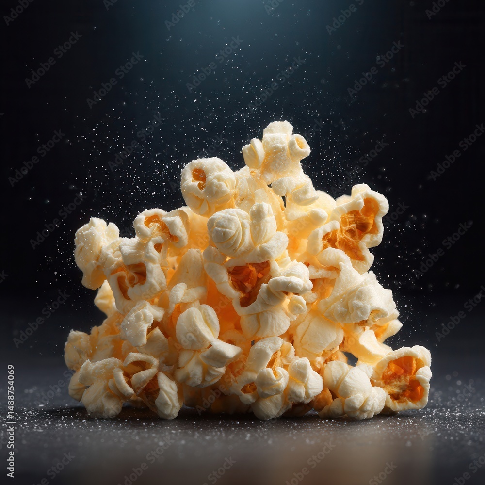 Poster a mound of freshly popped kernels, under spotlight. the light catches the subtle details, creating a