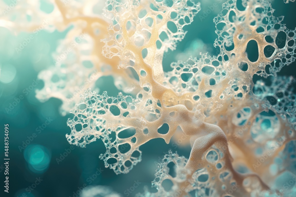 Poster a detailed macro shot of coral-like structure with intricate holes on a teal bokeh background.