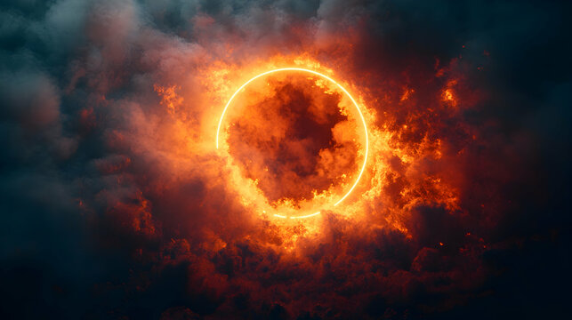 A luminous, circular neon ring glows brightly against a backdrop of dark, fiery clouds and smoke, creating a dramatic, apocalyptic atmosphere
