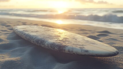 Vintage surfboard on sandy beach at sunrise