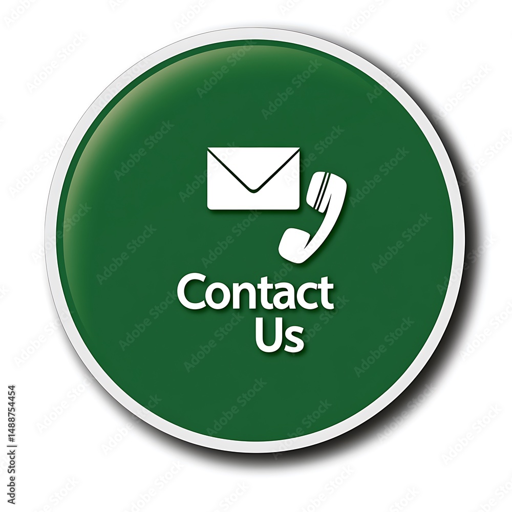 Poster green round button with envelope, telephone icon, and contact us text for website navigation