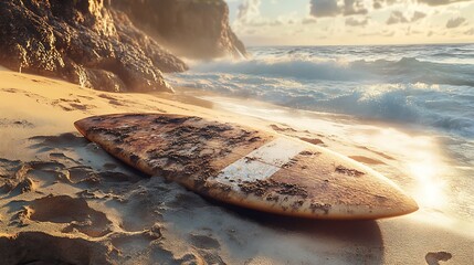 Vintage surfboard on sandy beach sunset