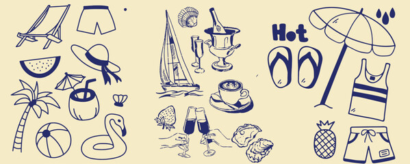 Hand drawn summer illustration set. Italian dolce vita. Minimalist line art. Palm tree, lemon, cocktails sun and sea, seashells in doodle sketch style. Drawing ink. Concept vacation ocean and travel