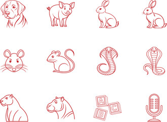 Various red outline animal and object icons are placed on the white background