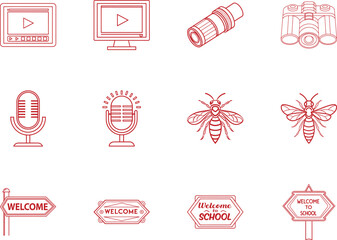 A set of thin line art icons including video player, monitor, microscope, and welcome signs