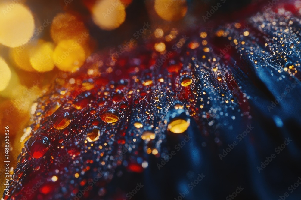 Poster a close-up showcases numerous glistening water droplets covering a textured surface with dynamic col
