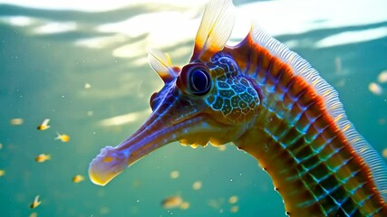 Detailed underwater shot of an ornate multicolored Weedy Seadragon with blue highlights swimming in shallow ocean waters near small fish.