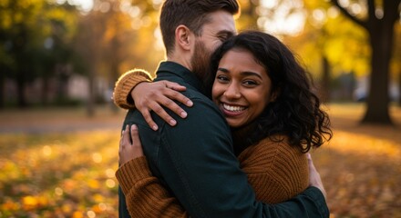 Fototapeta premium Autumn Embrace in the Park - A heartwarming autumn scene of a couple embracing in a park, symbolizing love, friendship, togetherness, joy, and the beauty of fall
