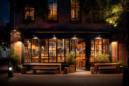 Warm lights illuminate a brick building restaurant in the evening. Outdoor seating invites patrons to enjoy a cozy dining experience in a lively urban setting