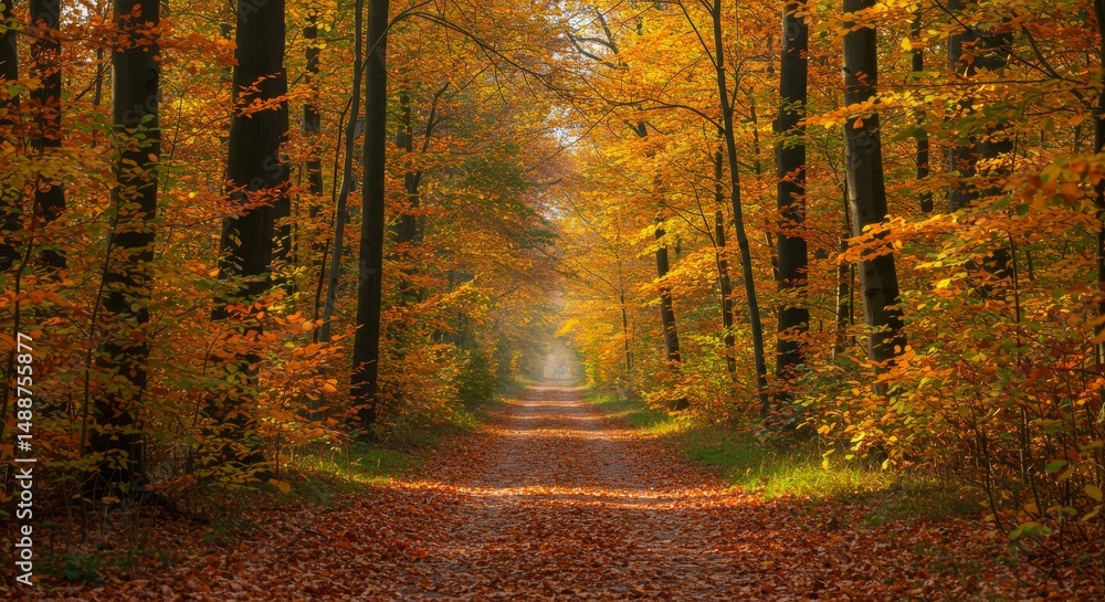 Poster autumn path through golden woods - a picturesque autumn scene, showcasing a path lined with trees di