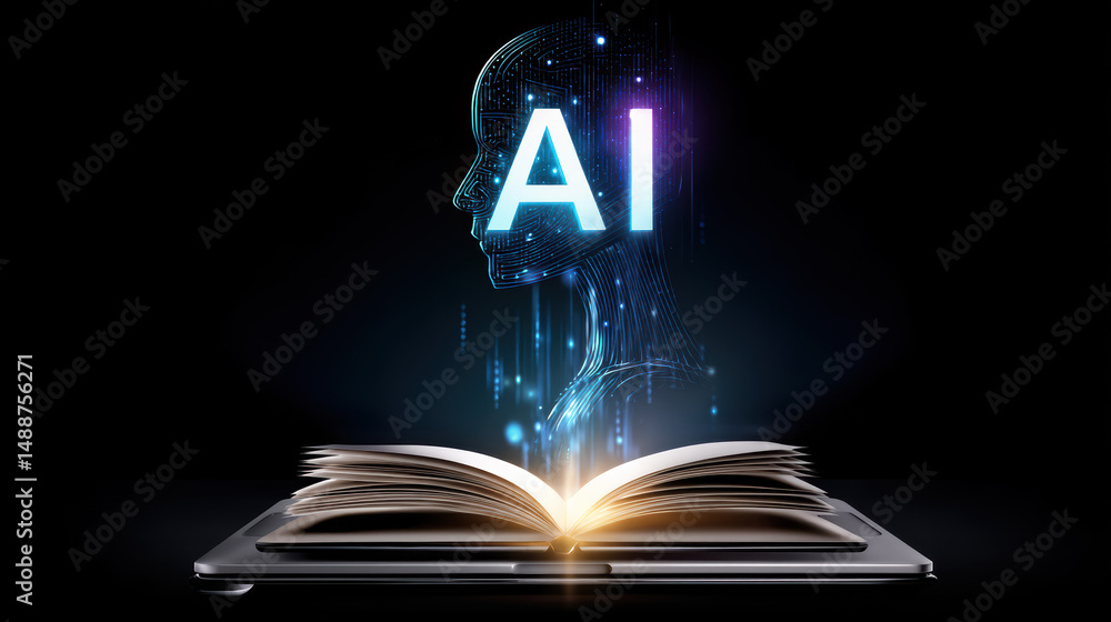 Poster artificial intelligence emerges from an open book with digital elements at night
