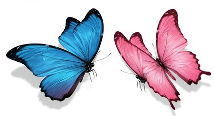 Obraz premium Blue and Pink Butterfly Duo - Two vibrant butterflies, one blue and one pink, in flight against a white background. Perfect for spring or summer themes