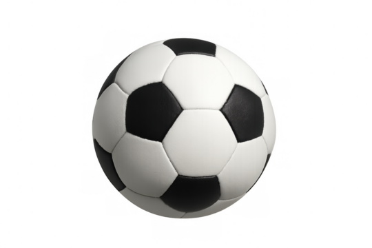 Soccer ball spinning, black and white geometric panels rotating in perpetual motion against transparent backdrop