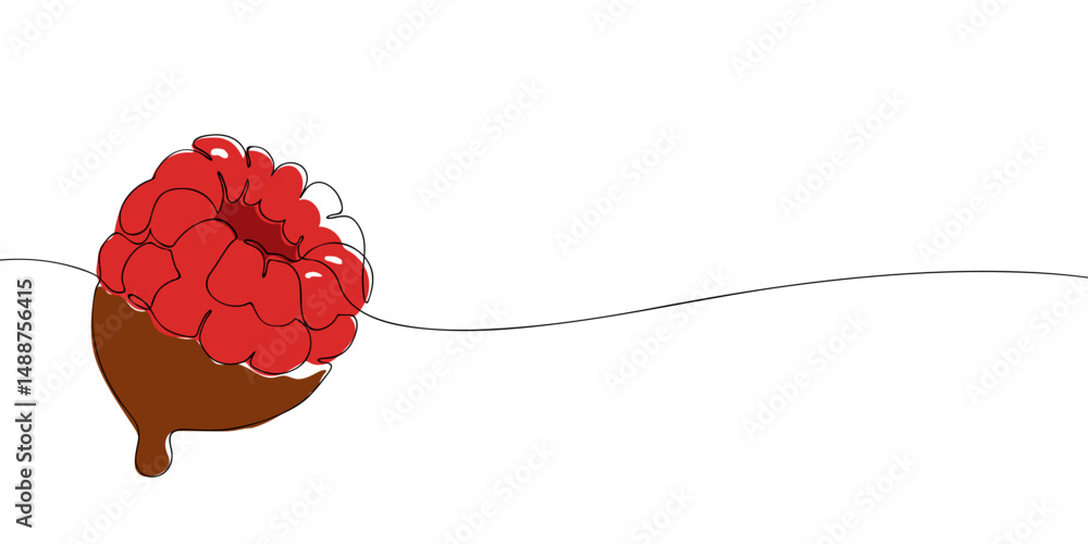 Poster one line drawing of a ripe raspberry dipped in chocolate, blending minimal style with sweet dessert 