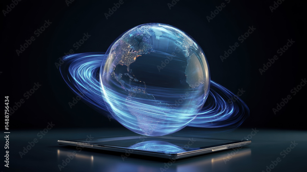 Poster digital globe with swirling rings displayed in a futuristic setting with dark background