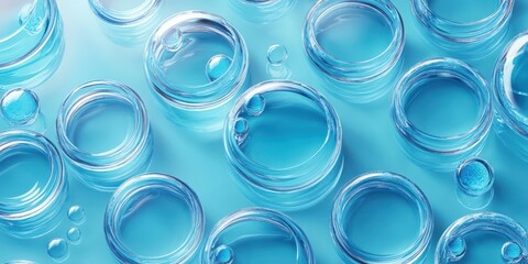 Clear glass containers filled with blue liquid arranged on a smooth surface for a calming visual effect