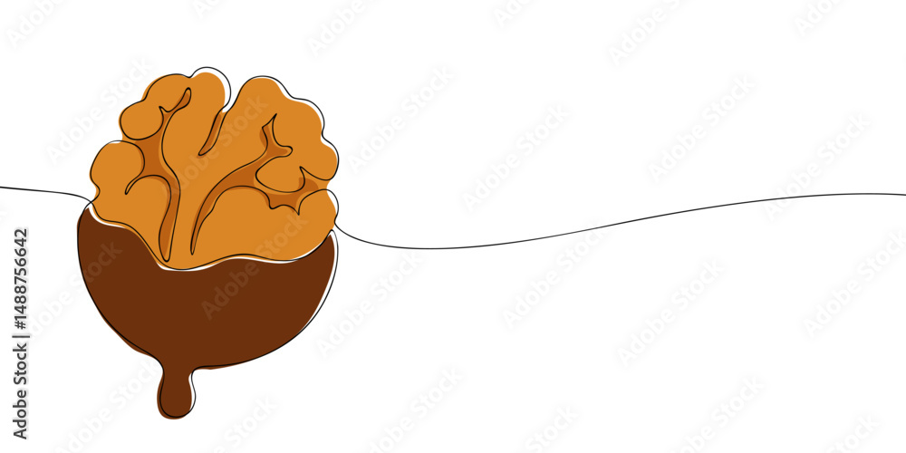 Poster vector line art of a walnut half dipped in chocolate, combining minimal design with a touch of gourm