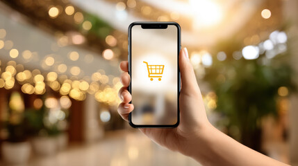 Hand holding smartphone displaying online shopping cart in a bright mall setting