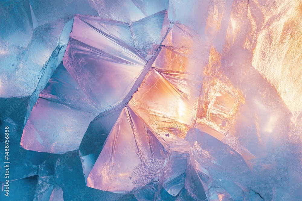 Poster abstract ice formation with intricate crystal patterns, glowing with soft blue and orange hues, crea