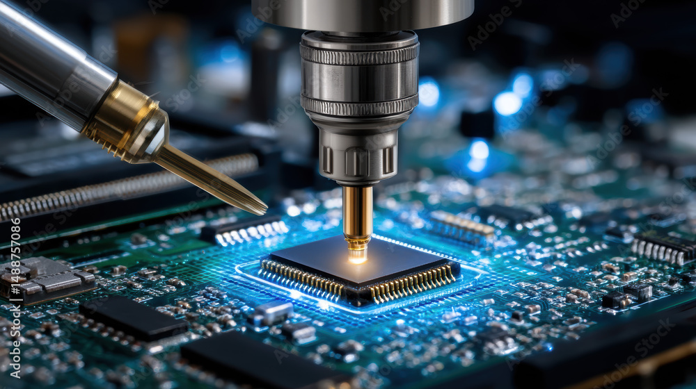 Poster precision work on a computer chip during advanced electronics assembly in a high-tech facility