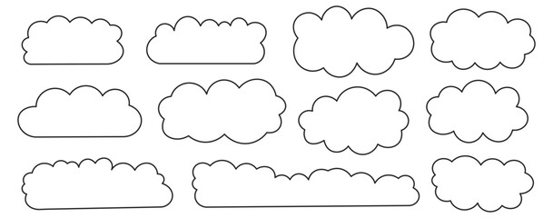 collection of black silhouette clouds in various shapes and sizes. Black Clouds silhouettes set. Fluffy clouds icon set. Vector set of clouds. Cute fluffy, Minimalist bubbly clouds collection.
