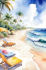 Watercolor beach scene, sea or ocean shore, summer vacation background.