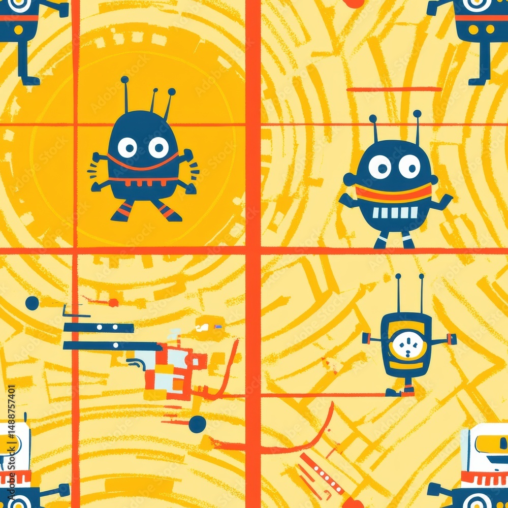 Poster colorful preschool tech theme with cartoon robots and gadgets designed to engage young learners whil