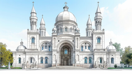 Fototapeta premium Architecture, line drawing, vector lines, central main building, ultra high definition, white background, clean Architecture.