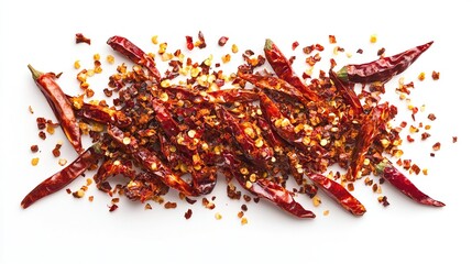 Obraz premium A scattering of dried red chili peppers and flakes, some whole and some crushed, arranged in a horizontal line on a white background