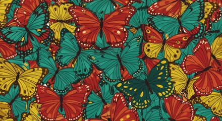 Colorful Butterfly Swarm - Vibrant illustration of numerous butterflies in red, teal, and gold, creating a dense, patterned background